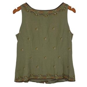 Vintage Poetic Women's Top Pants Set Size 11/12 Green Embroidered Linen 90s